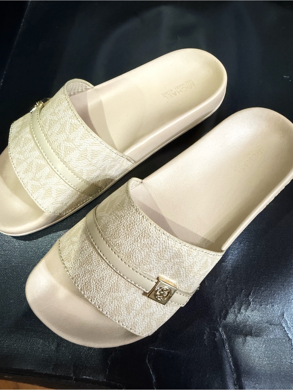 Michael Kors Champagne Gold Logo Slide Sandals